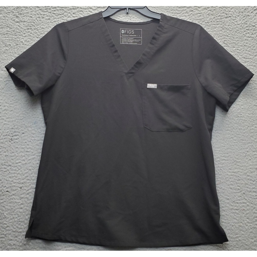 FIGS Scrub Womens Large Black Technical Collection V-Neck Side Slit Chest Pocket